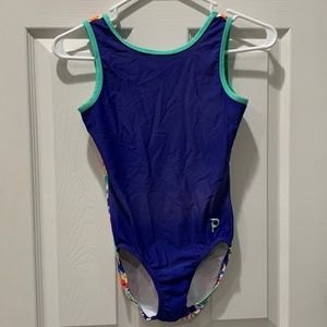 Adult size small blue Plum leotard with pattern on back.
